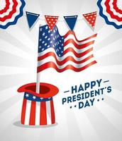 happy presidents day met hoed en vlag usa vector