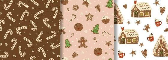 Kerstmis toetje naadloos patroon set. peperkoek huis, koekjes, gebakje Aan roze. vector herhaling achtergrond. smakelijk Kerstmis toetje afdrukken, oppervlakte ontwerp, behang, kleding stof, omhulsel papier, pakket.