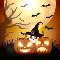halloween pompoenen en schedel met hoed heks vector
