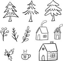 tekening illustratie van winter voorwerp zo net zo boom, blad, huis, haard hout, enz. zwart en wit lijn illustratie. vector