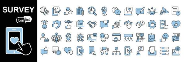 enquête icoon set. schets stijl blauw icoon reeks bevat zo pictogrammen net zo feedback, mening, vragenlijst, peiling, Onderzoek, gegevens verzameling, recensie en tevredenheid pictogrammen. vector