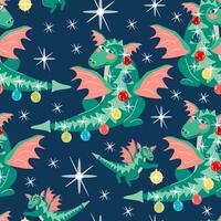 naadloos patroon van groen gevleugeld draak net zo een Kerstmis boom met een baby. vector tekenfilm illustratie van blauw nieuw jaar achtergrond met 2024 symbool voor verpakking, behang