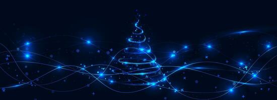schijnen spiraal blauw Kerstmis boom met sterren, sneeuwvlokken en glinsterende deeltjes. abstract glimmend gloeiend sprankelend golvend lijnen. vector illustratie.