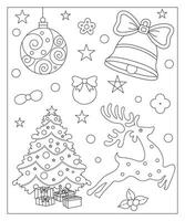 kleur bladzijde van een versierd Kerstmis boom, shanta claus, bal, klok, sneeuwman en geschenken. vector zwart en wit illustratie Aan wit achtergrond.