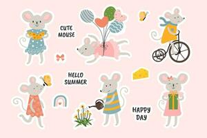 reeks van stickers met schattig muizen. vector muis. muis vliegend Aan ballonnen, gieter bloemen, aan het eten kaas. tekenfilm grijs muis in een mooi jurk. geïsoleerd achtergrond.