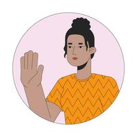 top knoop zwart meisje gezegde Hoi 2d lijn vector avatar illustratie. Afrikaanse Amerikaans vrouw positief groet schets tekenfilm karakter gezicht. hou op hand. non-verbaal vlak kleur gebruiker profiel beeld geïsoleerd