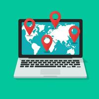 globaal Internationale bestemming of navigatie online vector illustratie, vlak tekenfilm laptop computer met wereld kaart en pin aanwijzingen, globaal aarde GPS locaties of logistiek routines