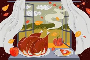 happy thanksgiving day vakantie wenskaart. aroma van gebakken kalkoen vector