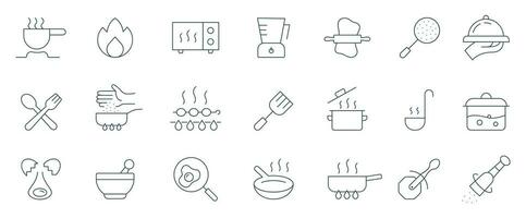 Koken lijn icoon set. keuken gereedschap kokend, frituren, pan, pot, lepel, voedsel en avondeten pictogrammen vector illustratie