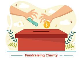 fondsenwerving liefdadigheid en bijdrage vector illustratie met vrijwilligers zetten munten of geld in bijdrage doos in financieel ondersteuning tekenfilm achtergrond