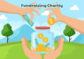 fondsenwerving liefdadigheid en bijdrage vector illustratie met vrijwilligers zetten munten of geld in bijdrage doos in financieel ondersteuning tekenfilm achtergrond