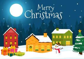 vrolijk Kerstmis vector illustratie met de kerstman claus, snuisterij bal, geschenk doos, verrassing geschenken, bomen en sneeuw achtergrond in vlak tekenfilm ontwerp