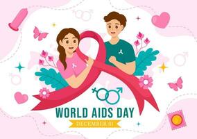 wereld AIDS dag vector illustratie Aan 1 december met rood lint naar verhogen bewustzijn van de AIDS epidemie in vlak tekenfilm roze achtergrond ontwerp