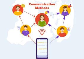 communicatie methoden vector illustratie met team doorverwijzing marketing, project beheer, sociaal netwerken en openbaar relaties in vlak achtergrond