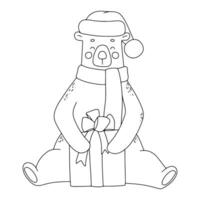 schattig beer in hoed, sjaal met geschenk. grappig schets illustratie voor kleur boek vector