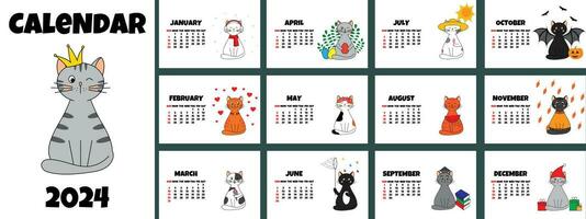 muur kalender voor 2024 met schattig vlak stijl katten. verschillend katten voor elk maand. reeks van 12 Pagina's. vector illustratie