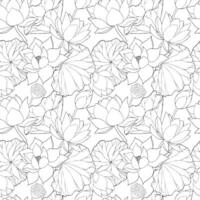 naadloos patroon met vector hand- getrokken lotus bloemen en knoppen, reusachtig bladeren, zwart lijn kunst illustratie. schets bloemen tekening voor verpakking ontwerp, textiel, dekt, scrapbooken, typografie