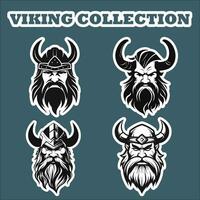 reeks van vier sticker viking hoofd Aan blauw achtergrond vector