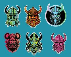 zes kleurrijk viking helm stickers Aan blauw achtergrond vector