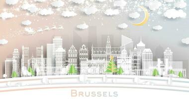 Brussel belgië. winter stad horizon in papier besnoeiing stijl met sneeuwvlokken, maan en neon guirlande. Kerstmis en nieuw jaar concept. Brussel stadsgezicht met oriëntatiepunten. vector