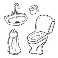 tekening stijl badkamer voorwerpen illustratie inclusief toilet, papier, wastafel en handdoek in vector formaat.