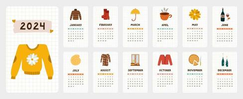 schattig kalender sjabloon voor 2024 jaar met knus Scandinavisch illustraties. kalender rooster met weken begint Aan maandag voor kinderen kinderkamer, zakelijke kantoor. verticaal maandelijks kalender lay-out voor planning. vector