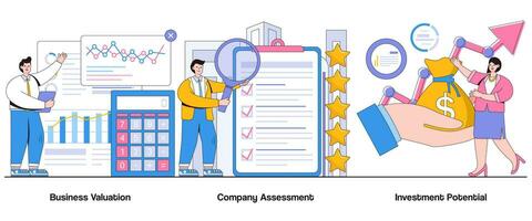 bedrijf waardering, bedrijf beoordeling, investering potentieel concept met karakter. bedrijf beoordeling abstract vector illustratie set. Bedrijfsmiddel waardering, investering besluitvorming metafoor