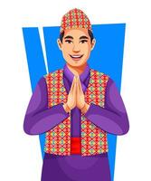 een nepali knap Mens vervelend een traditioneel nepali kleding en pet, tonen namaste of een Welkom gebaar vector