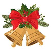 Kerstmis gouden klokken met een rood boog en een bundel van maretak, hulst, Spar takken. geïllustreerd vector clip art.