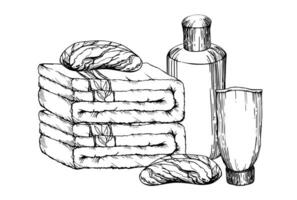hand- getrokken vector inkt spa huidsverzorging handdoeken bad schoonheid producten pakket. horizontaal samenstelling. geïsoleerd Aan wit achtergrond. ontwerp voor muur kunst, welzijn toevlucht, afdrukken, kleding stof, omslag, kaart, boekje.