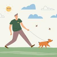 Mens wandelen hond Aan natuur of park landschap vector