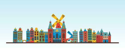 nederlands Amsterdam stad gedetailleerd horizon en mijlpaal, Europa beroemd reizen plaats kleurrijk gebouw en monument digitaal vector illustraties