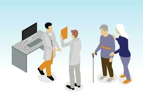 isometrische vlak vector concept illustratie van ouderen mensen en een dokter in ziekenhuis