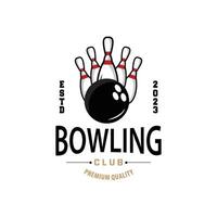 bowling sport- club logo, bowling bal en pin ontwerp vector toernooi sjabloon illustratie