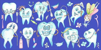 verzameling van 26 grappig tanden elementen. de tand fee, tanden en tandheelkundig zorg elementen zijn geschilderd met aquarellen. u kan maken ansichtkaarten, patronen, kaarten en toevoegen naar andere illustraties Aan uw eigen vector
