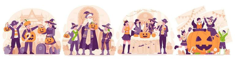 illustratie reeks van halloween. gelukkig mensen dressing omhoog in divers halloween kostuums vieren halloween. halloween partij en truc of traktatie concept vector