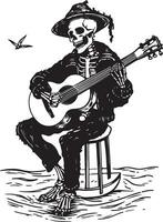 de skelet draagt een heks hoed en Toneelstukken de gitaar vector