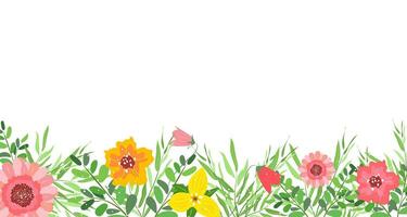 horizontaal wit banier of bloemen backdrop versierd met prachtig veelkleurig bloeiend bloemen en bladeren grens. voorjaar of zomer botanisch vlak vector illustratie Aan wit achtergrond.