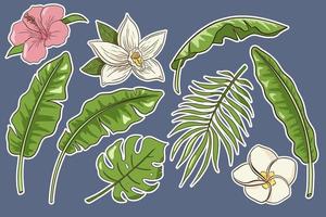 tropische bloemen en bladeren stickers set vector