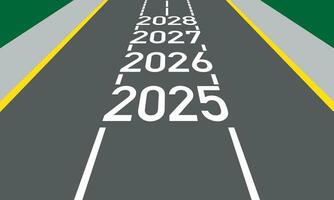 zwart asfalt weg met nieuw jaar getallen 2025, 2026, 2027, en 2028. vector