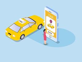 vrouw die online taxi boekt op apps voor mobiele telefoons vector