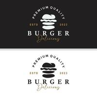 hamburger logo snel voedsel ontwerp, heet en heerlijk voedsel vector sjabloon illustratie