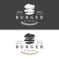 hamburger logo snel voedsel ontwerp, heet en heerlijk voedsel vector sjabloon illustratie