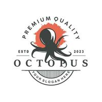 Octopus logo, oud retro wijnoogst ontwerp oceaan dier vector voelhoorn illustratie sjabloon