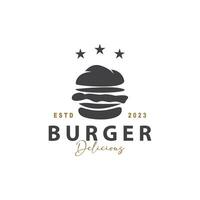 hamburger logo snel voedsel ontwerp, heet en heerlijk voedsel vector sjabloon illustratie