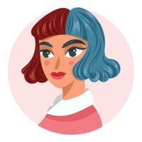 avatar meisje met rood en blauw haar- schattig schoonheid voor Hoes of profiel afbeelding sociaal media stijl kapsel aantrekkingskracht pret jong vector