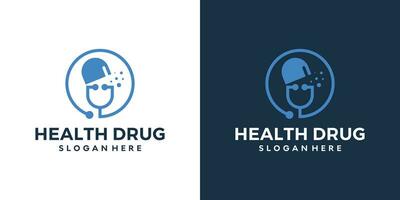 medisch Gezondheid logo ontwerp sjabloon. stethoscoop met drug capsule ontwerp grafisch vector illustratie. symbool, icoon, creatief.