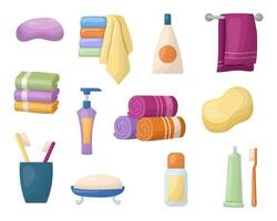 badkamer accessoires, een reeks van persoonlijk hygiëne artikelen, vector illustratie. schoonmaak en lichaam zorg producten, handdoek