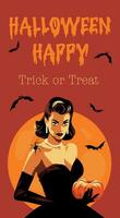 vector banier gelukkig halloween banier poster retro stijl vector vlak helder grappig stijl illustratie van mooi vrouw, heks, koningin van duisternis, pompoen, spin, truc of traktatie. halloween vakantie