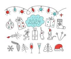 2024 tekening pictogrammen. kerstmis, vakantie, nieuw jaar. feestelijk ontwerp, vector tekenfilm tekeningen. Kerstmis bomen, geschenken, guirlande, kaars. wijn, Champagne.